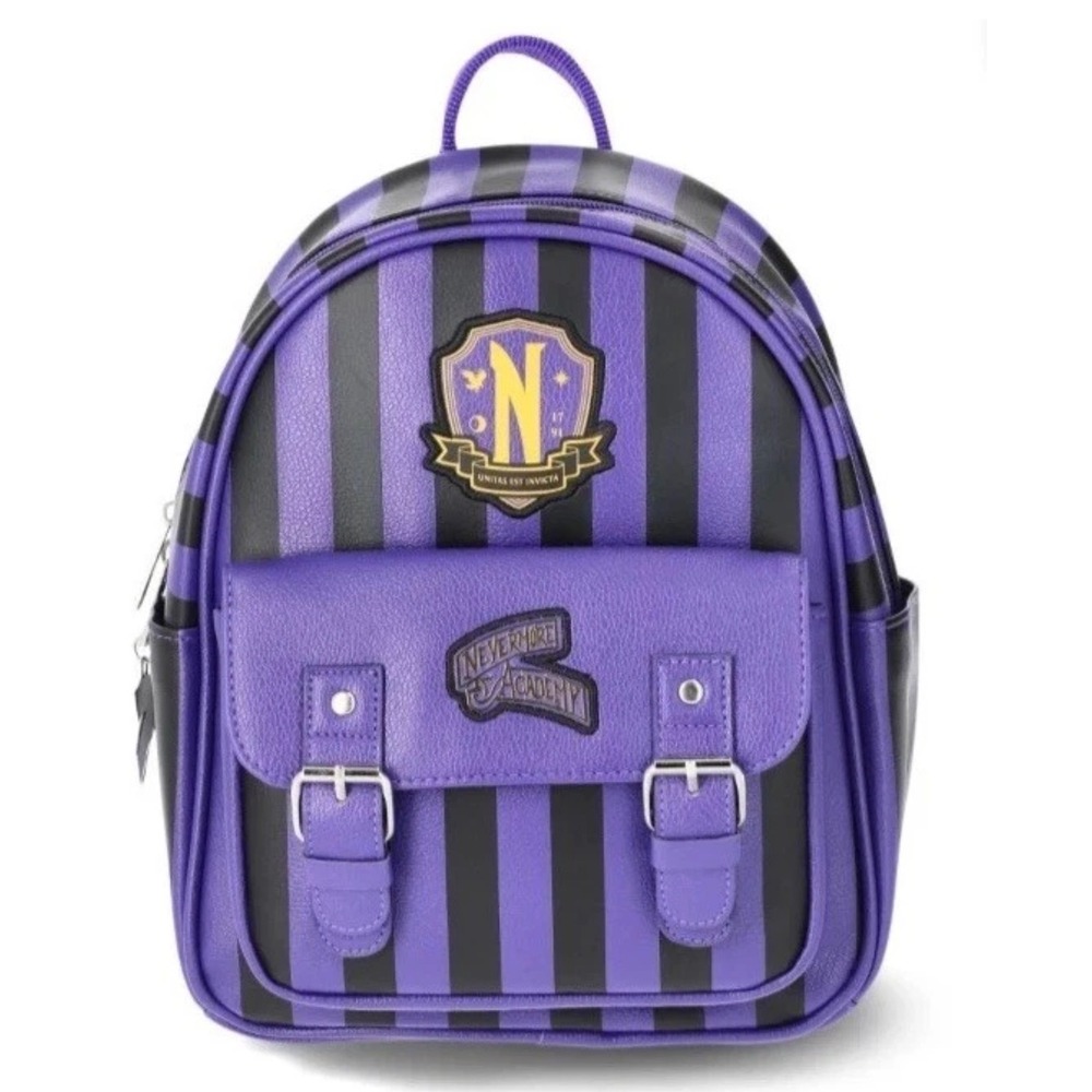 Wednesday Nevermore‎ Academy Mini Backpack Purple Black Striped Faux Leather Bag